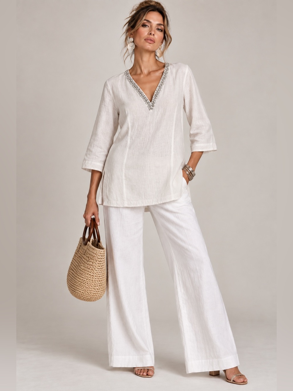 NWT Malvin 100% Linen White Tunic Top XL Rhinestone V-Neck 3/4 Sleeve Boho Beach
